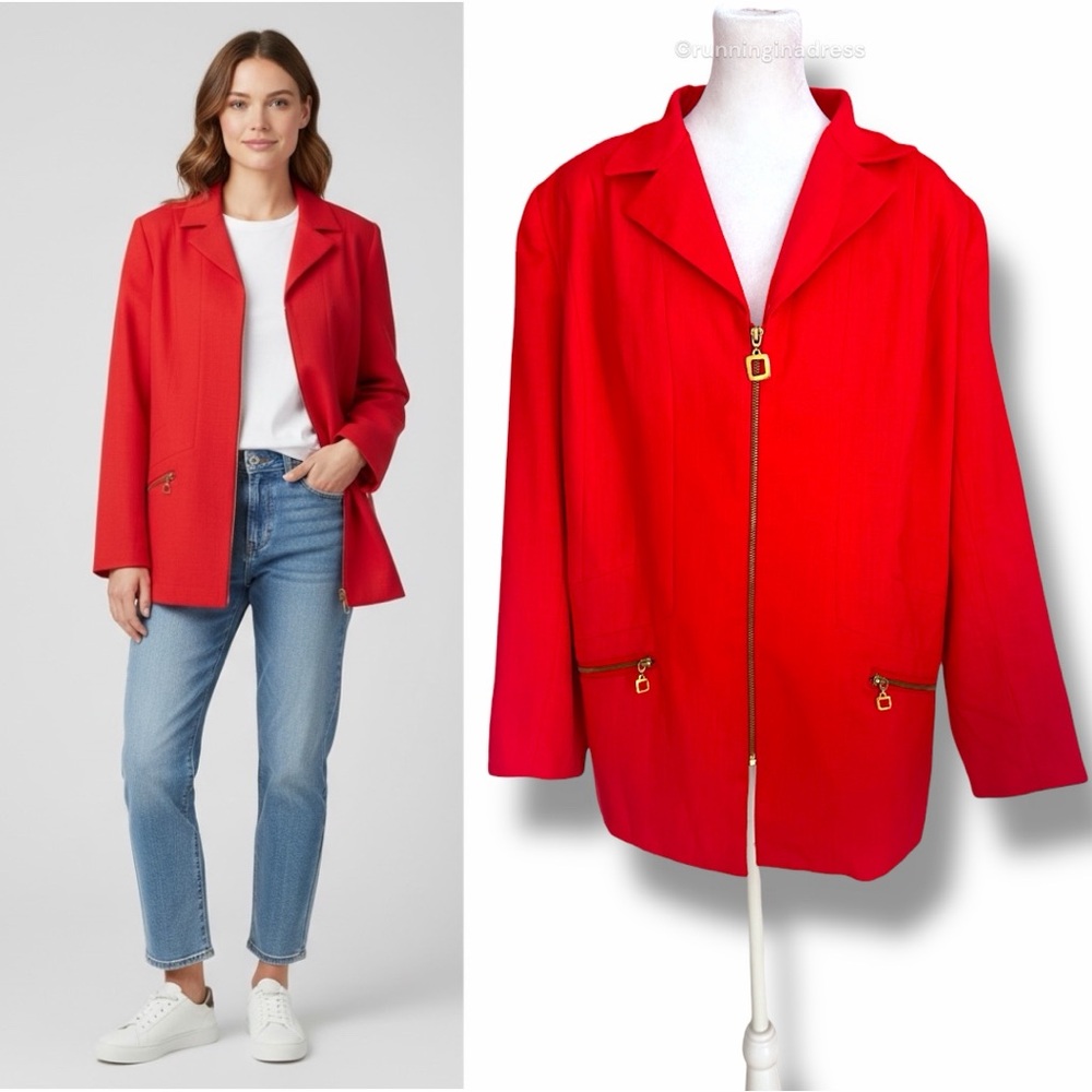 Vintage Richard Stevens Red Wool Textured Zip Front Blazer 12 Modern 12/14 XL